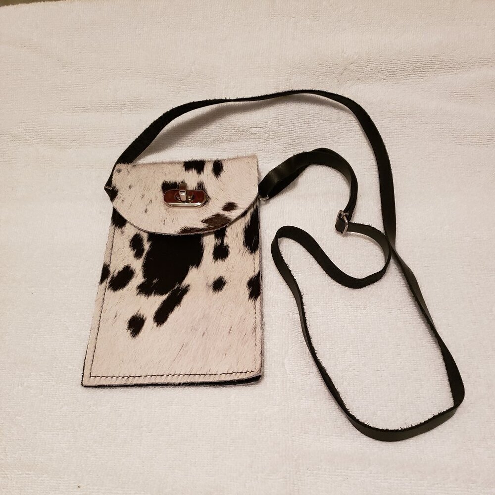 Crossbody Bag with 2 Compartments, Horse Hair and Leather, Black & Tan, 8.5"x5"